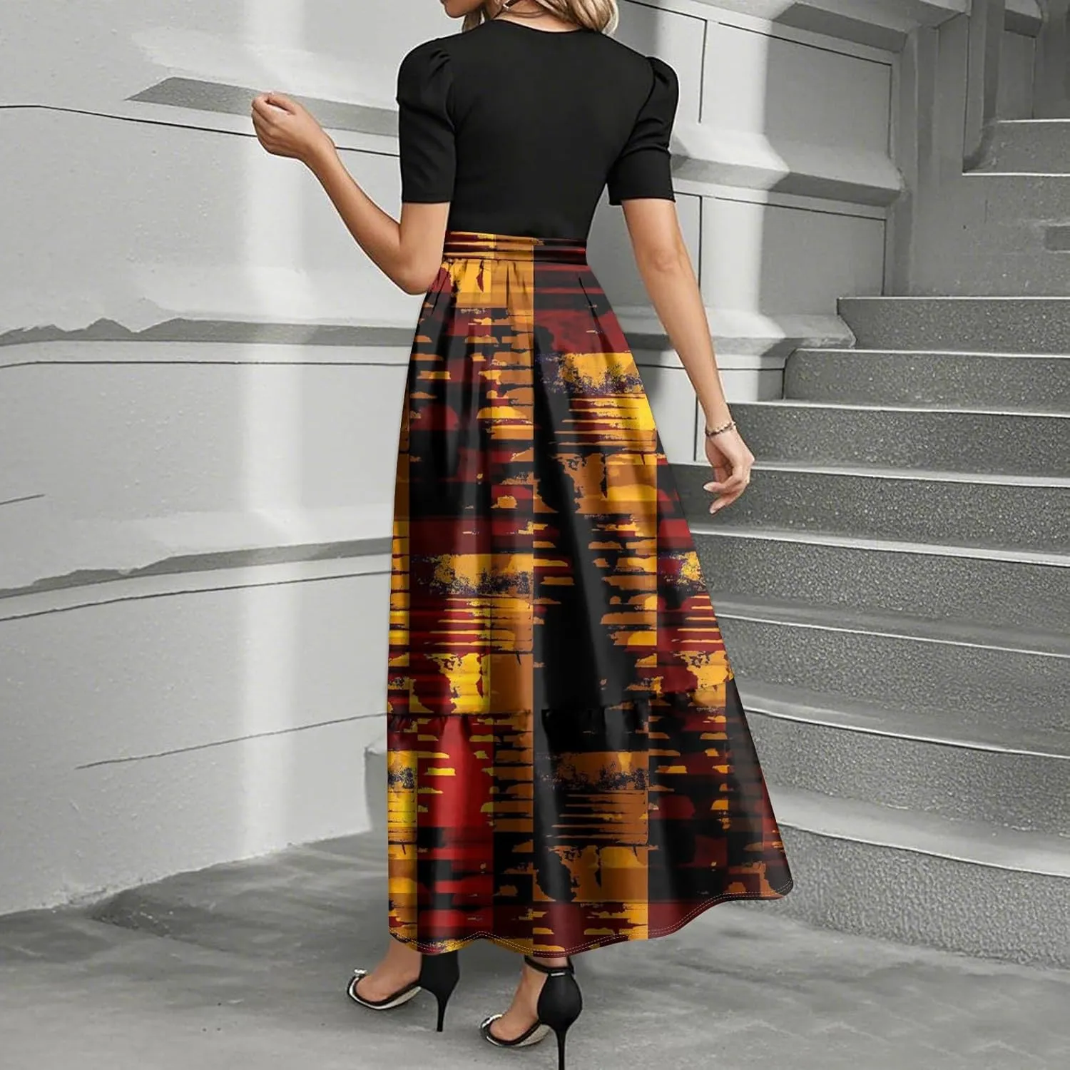 Summer Dresses for Women Elegant High Waist Maxi Dress Flowy Casual Long Dress A-Line Floral Printrd Dress with Belt