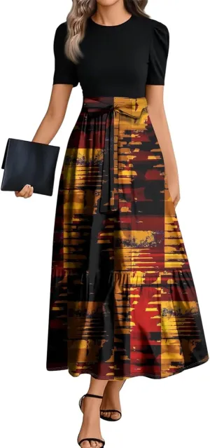 Summer Dresses for Women Elegant High Waist Maxi Dress Flowy Casual Long Dress A-Line Floral Printrd Dress with Belt