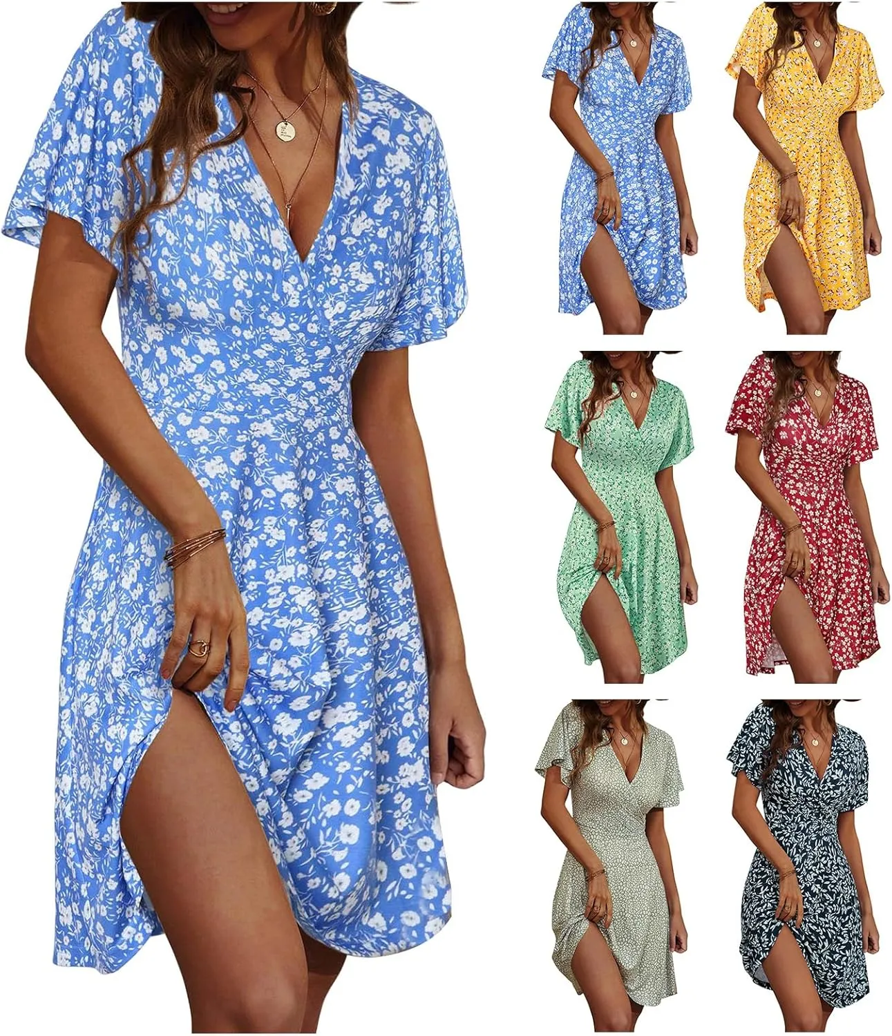Summer Dresses for Women Floral Short Sleeve Wrap V Neck A-Line Midi Dress Boho Sundress Vacation Beach Outfits