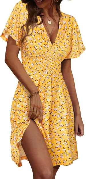 Summer Dresses for Women Floral Short Sleeve Wrap V Neck A-Line Midi Dress Boho Sundress Vacation Beach Outfits