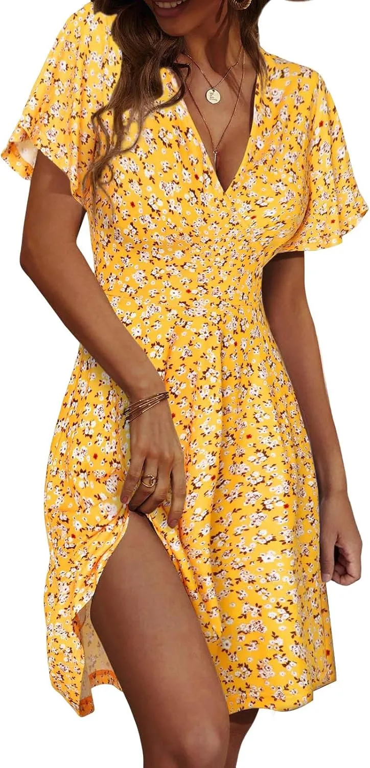 Summer Dresses for Women Floral Short Sleeve Wrap V Neck A-Line Midi Dress Boho Sundress Vacation Beach Outfits