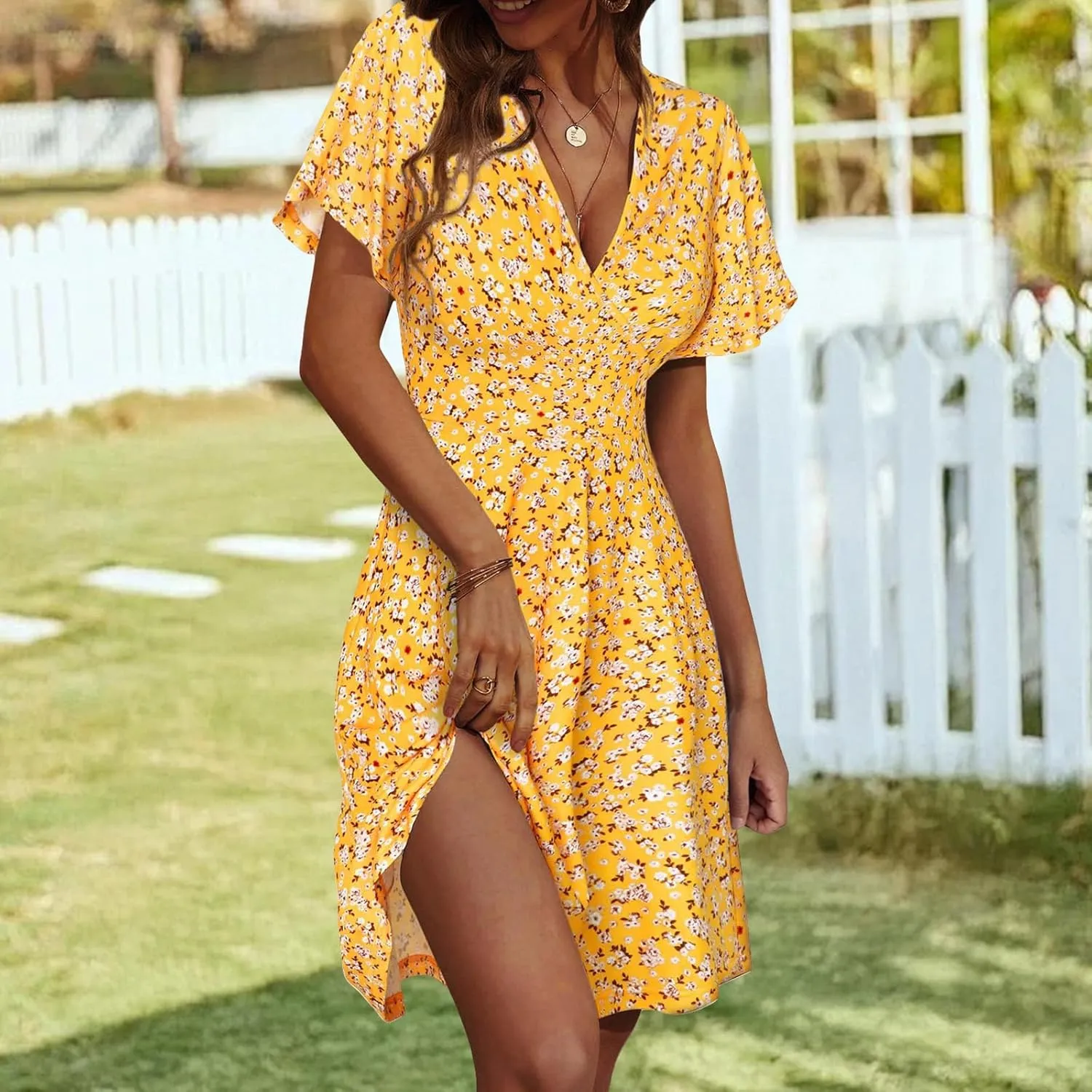 Summer Dresses for Women Floral Short Sleeve Wrap V Neck A-Line Midi Dress Boho Sundress Vacation Beach Outfits