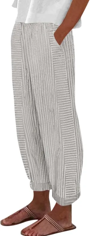 Summer Linen Pants for Women Striped Printed Side Button Pants Baggy Elastic Waist Straight Leg Trousers with Pockets