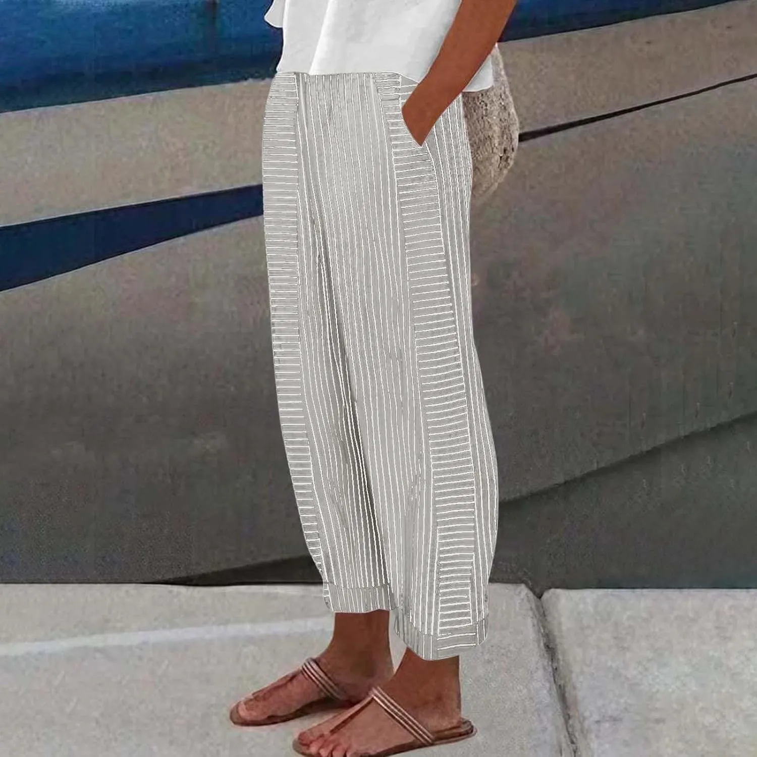 Summer Linen Pants for Women Striped Printed Side Button Pants Baggy Elastic Waist Straight Leg Trousers with Pockets