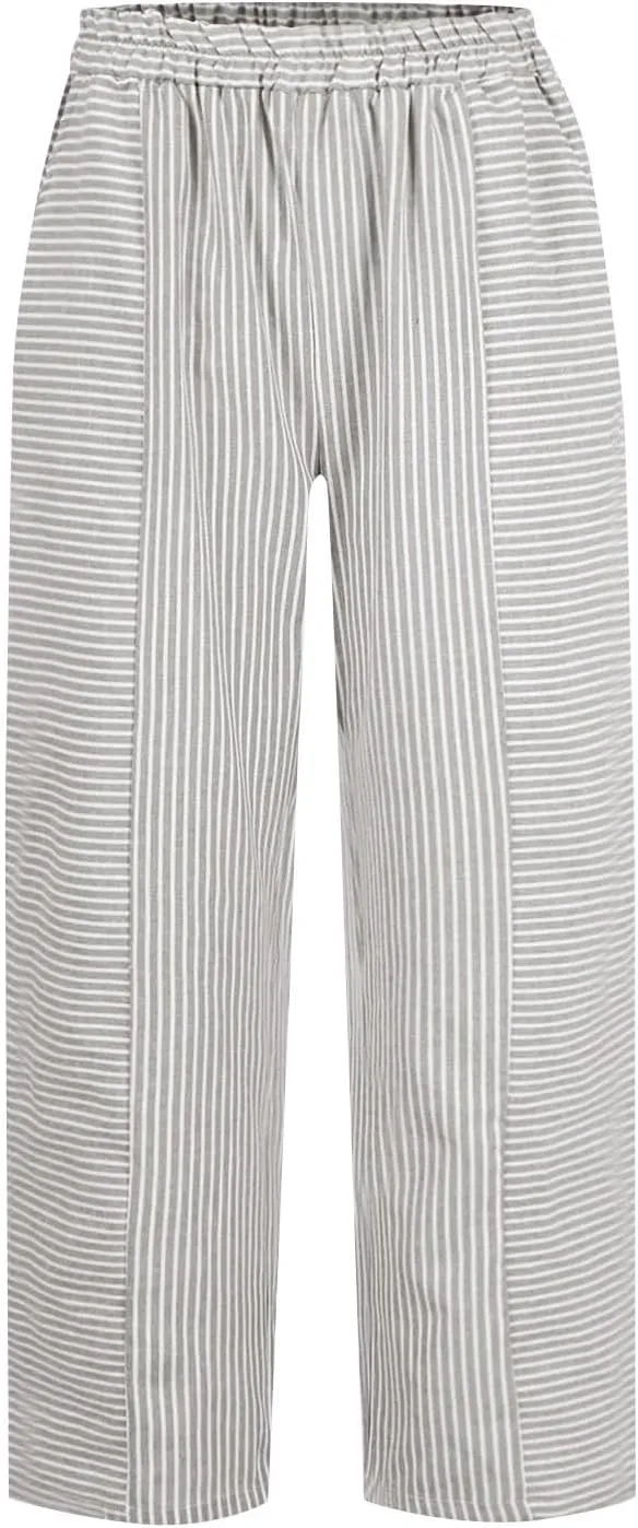 Summer Linen Pants for Women Striped Printed Side Button Pants Baggy Elastic Waist Straight Leg Trousers with Pockets