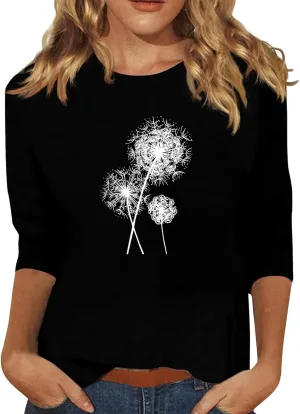 Summer Tops for Women 2024 3/4 Sleeve Crewneck Shirts Floral Print Tees Cute Graphic Tunics