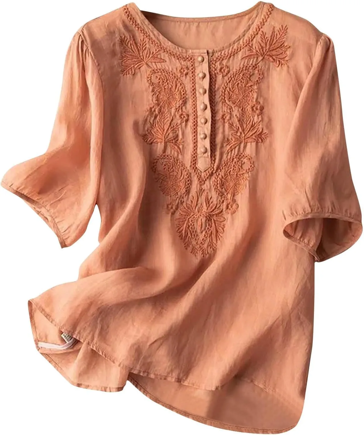 Summer Tops for Women Cotton Linen Shirts Embroidery Blouses Casual Half Sleeve Tees Cute Blouse Boho Tops B-Orange