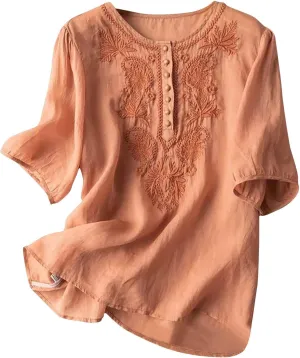 Summer Tops for Women Cotton Linen Shirts Embroidery Blouses Casual Half Sleeve Tees Cute Blouse Boho Tops B-Orange