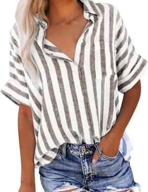 Summer Tops for Women Linen Short Sleeve Shirt Striped Button Down Shirt Turn Down Collar Blouse with Front Pocket