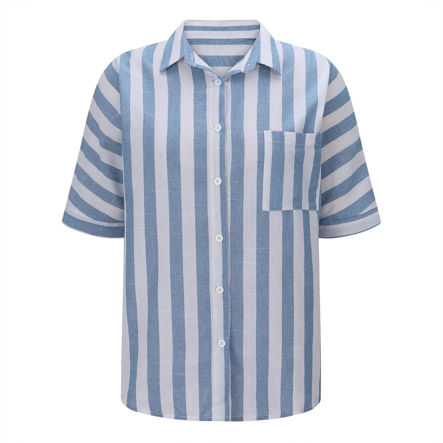 Summer Tops for Women Linen Short Sleeve Shirt Striped Button Down Shirt Turn Down Collar Blouse with Front Pocket