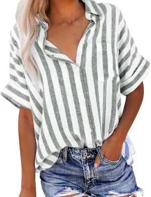 Summer Tops for Women Linen Short Sleeve Shirt Striped Button Down Shirt Turn Down Collar Blouse with Front Pocket