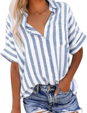 Summer Tops for Women Linen Short Sleeve Shirt Striped Button Down Shirt Turn Down Collar Blouse with Front Pocket