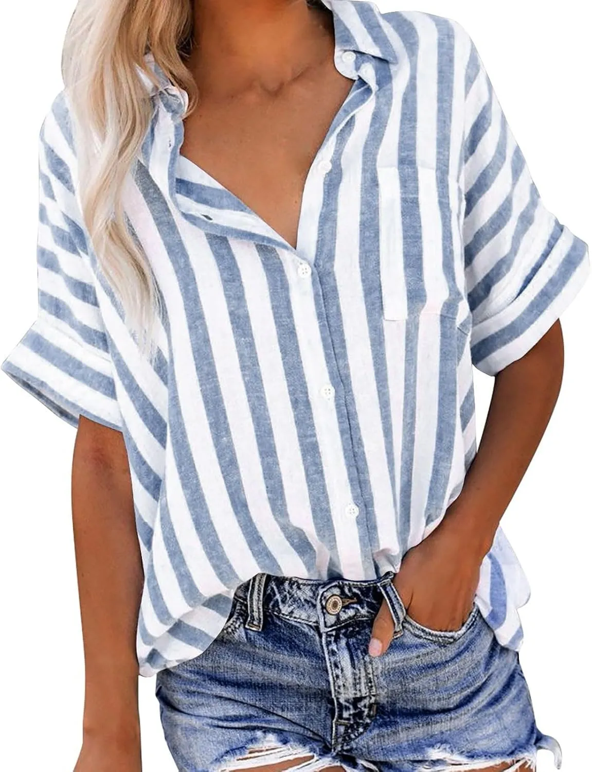 Summer Tops for Women Linen Short Sleeve Shirt Striped Button Down Shirt Turn Down Collar Blouse with Front Pocket