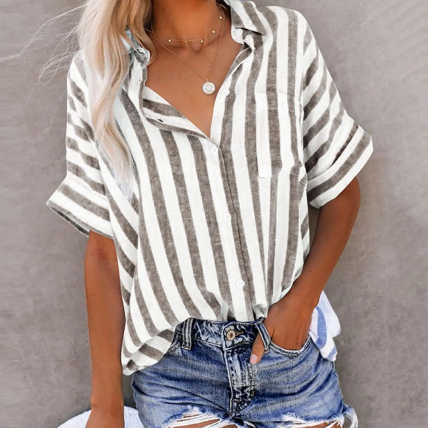Summer Tops for Women Linen Short Sleeve Shirt Striped Button Down Shirt Turn Down Collar Blouse with Front Pocket