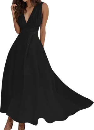Sundresses for Women Summer Elegant Wrap V Neck Sleeveless Maxi Dress Fancy Floral Printed Flowy Hem Boho Dress