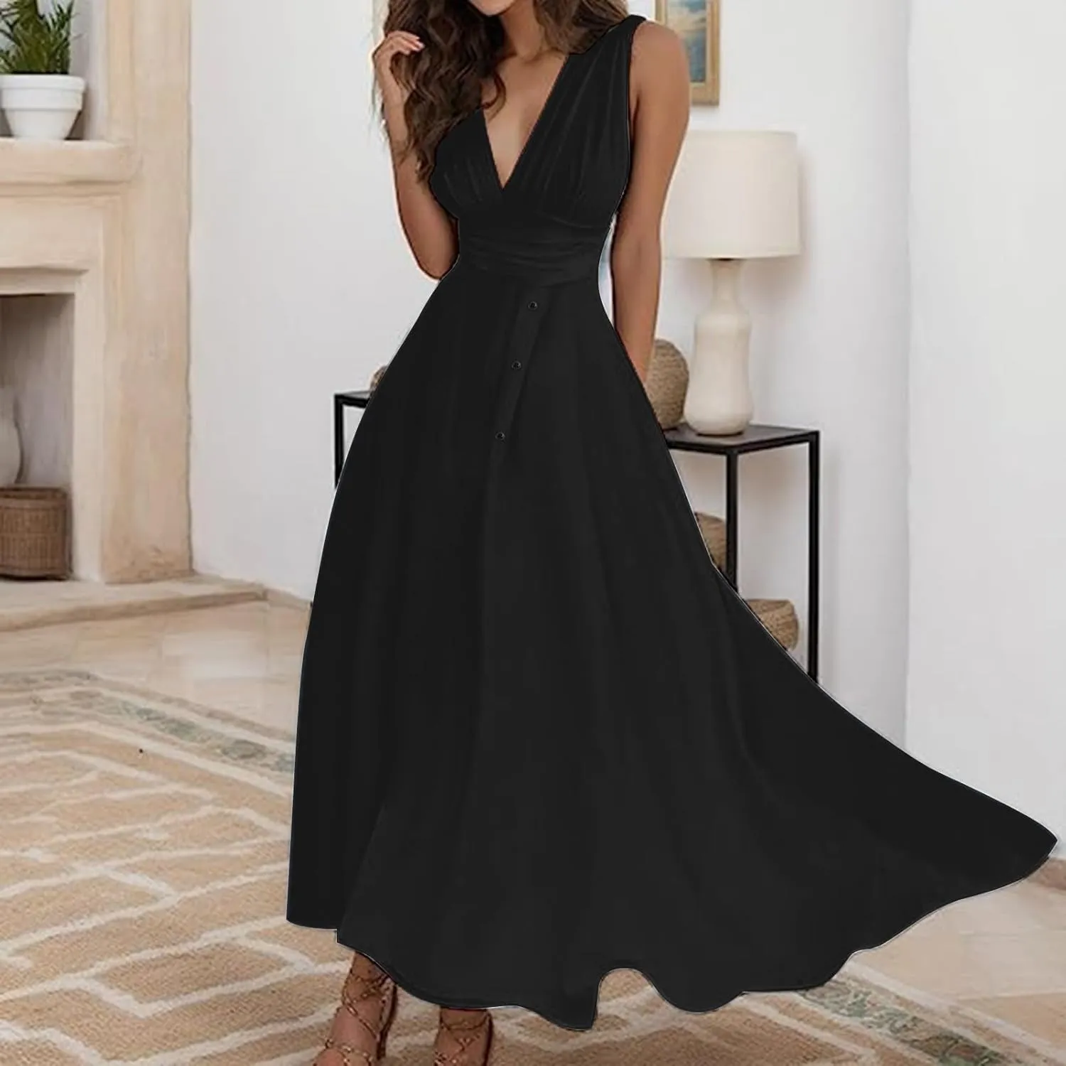 Sundresses for Women Summer Elegant Wrap V Neck Sleeveless Maxi Dress Fancy Floral Printed Flowy Hem Boho Dress
