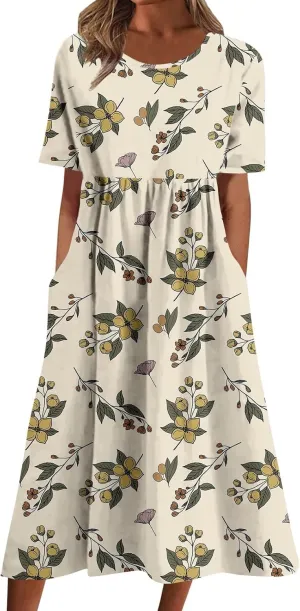 Sundresses for Women Summer Floral Casual Loose Dresses Vintage Bohemian Round Neck Short Sleeve Dress with Pockets