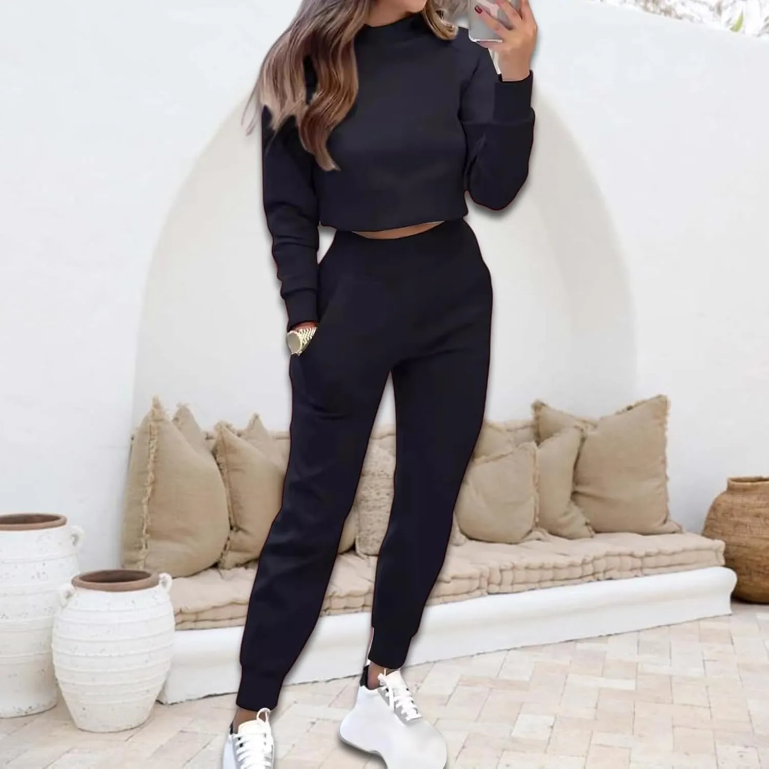 Sweat Sets for Women 2 Piece Lounge Sets Turtleneck Crop Sweatshirts and Jogger Pants Sets Workout Tracksuit Sets