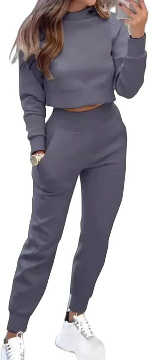 Sweat Sets for Women 2 Piece Lounge Sets Turtleneck Crop Sweatshirts and Jogger Pants Sets Workout Tracksuit Sets