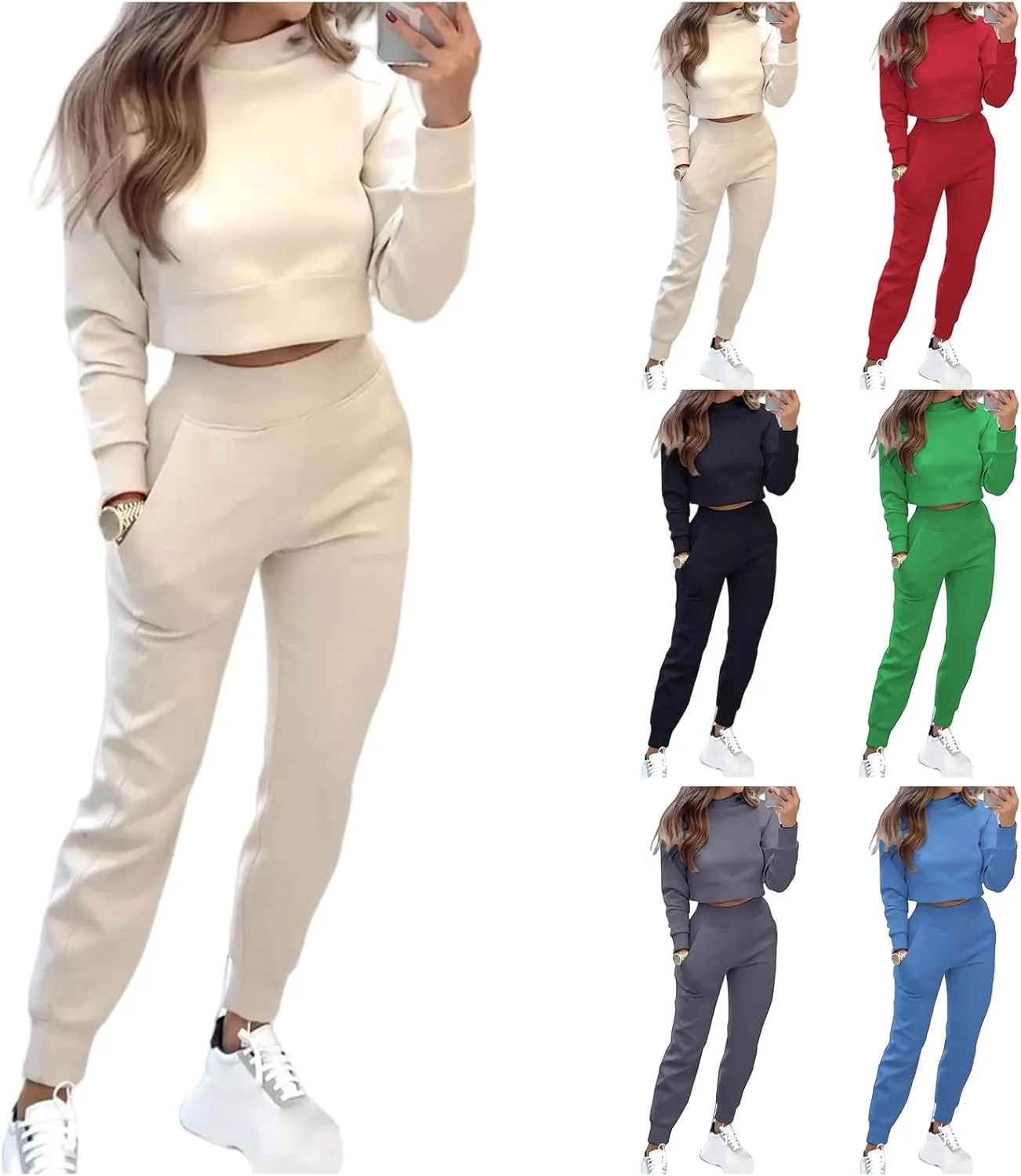 Sweat Sets for Women 2 Piece Lounge Sets Turtleneck Crop Sweatshirts and Jogger Pants Sets Workout Tracksuit Sets