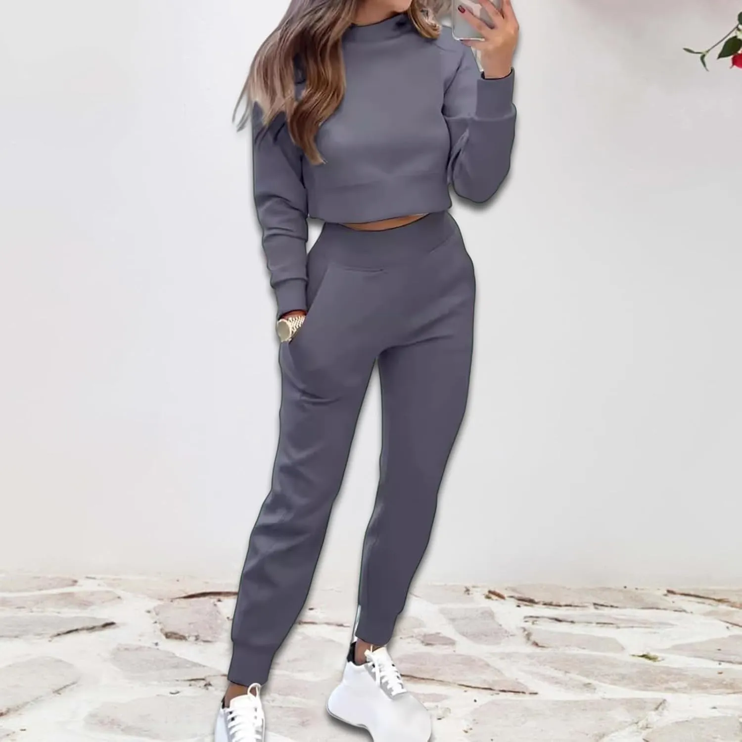Sweat Sets for Women 2 Piece Lounge Sets Turtleneck Crop Sweatshirts and Jogger Pants Sets Workout Tracksuit Sets