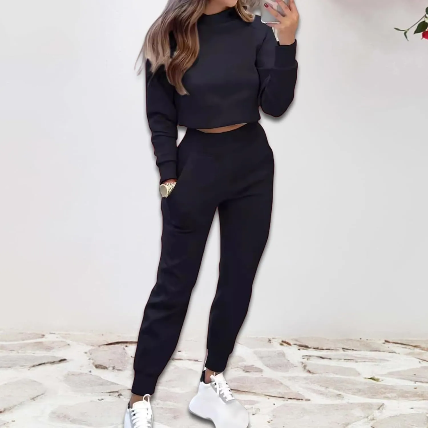 Sweat Sets for Women 2 Piece Lounge Sets Turtleneck Crop Sweatshirts and Jogger Pants Sets Workout Tracksuit Sets
