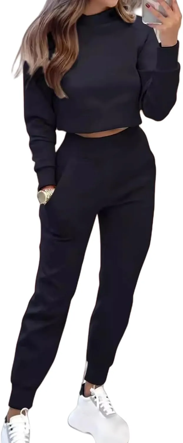 Sweat Sets for Women 2 Piece Lounge Sets Turtleneck Crop Sweatshirts and Jogger Pants Sets Workout Tracksuit Sets