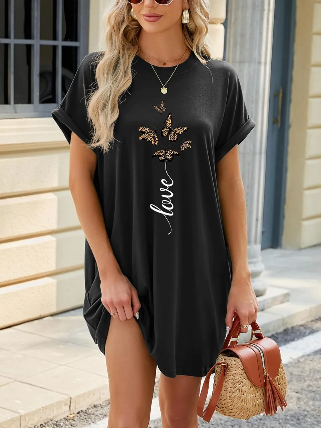 T Shirt Dresses for Women,Long Tunic Womens Summer Casual Tops with Pockets 2024