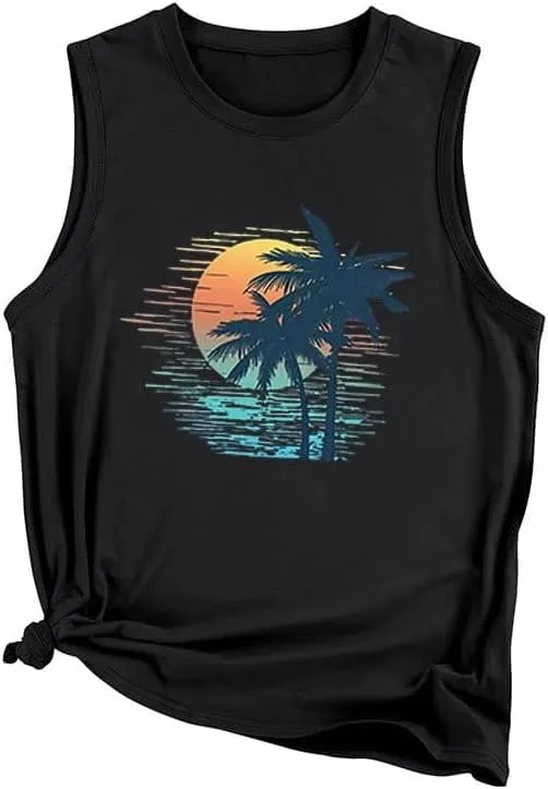 Tank Tops Women Palm Trees Beach Tank Tops Hawaiian Graphic Tees Summer Sleeveless Shirts Vintage Vacation T-Shirt