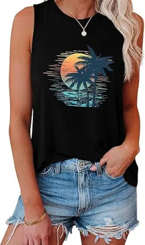 Tank Tops Women Palm Trees Beach Tank Tops Hawaiian Graphic Tees Summer Sleeveless Shirts Vintage Vacation T-Shirt