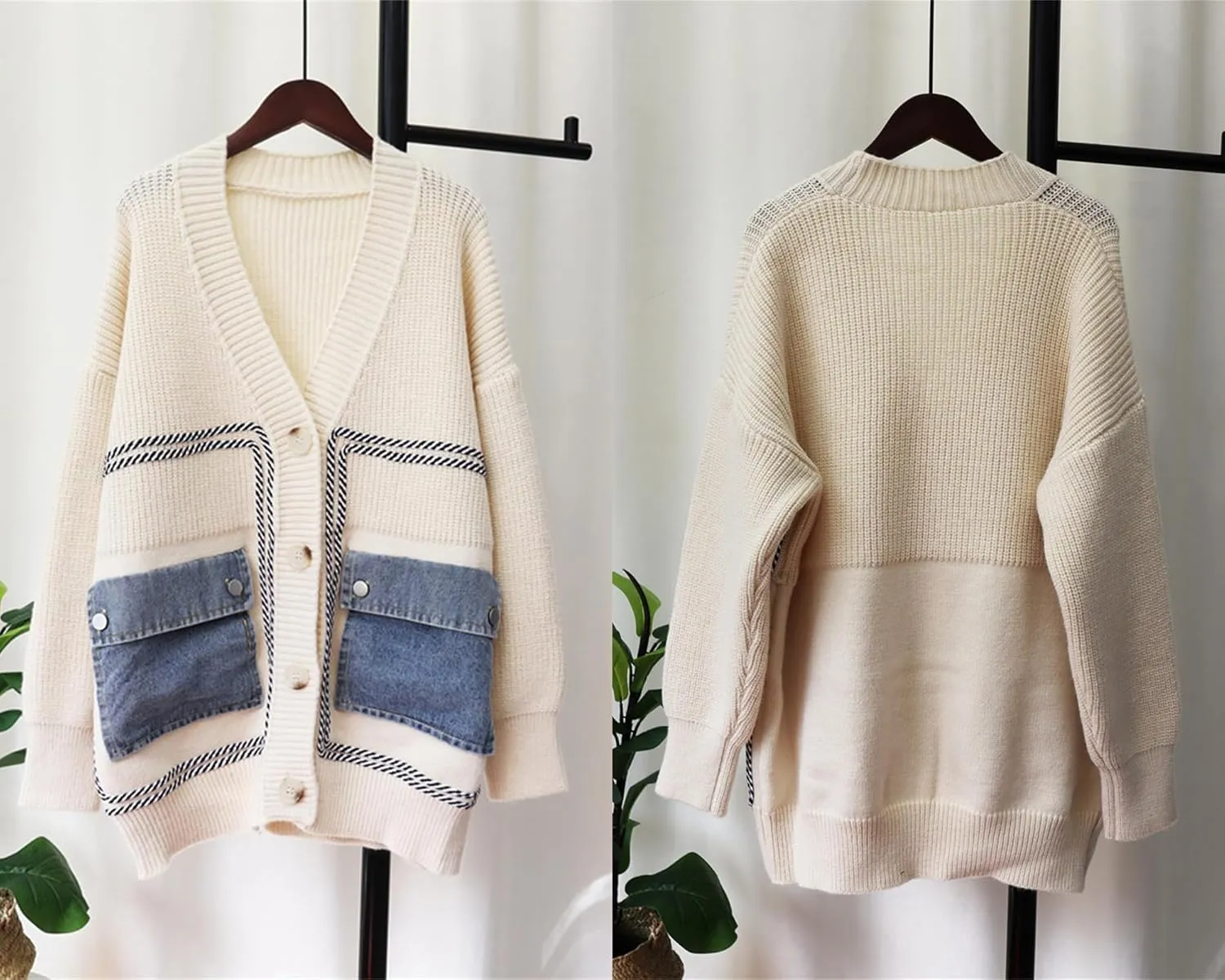 Tbahhir Women's Open Front Knit Sweater Cardigan Jackets Chunky Button Down Outwear Coat with Denim Pockets Patchwork