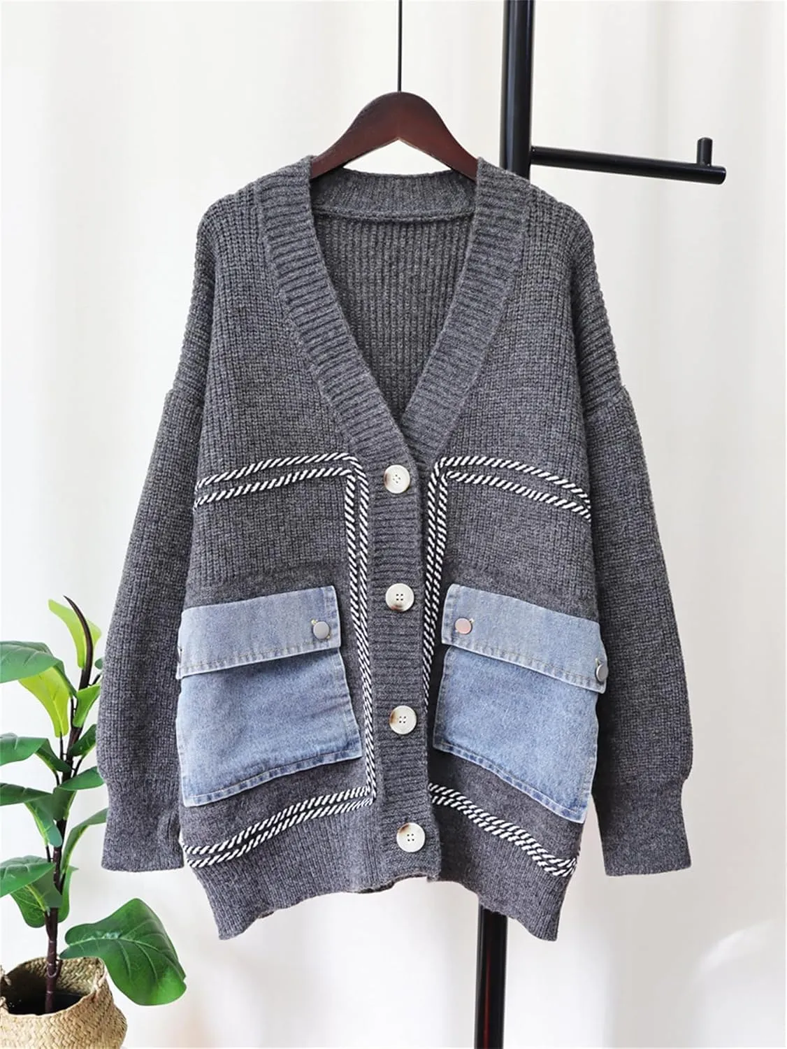 Tbahhir Women's Open Front Knit Sweater Cardigan Jackets Chunky Button Down Outwear Coat with Denim Pockets Patchwork