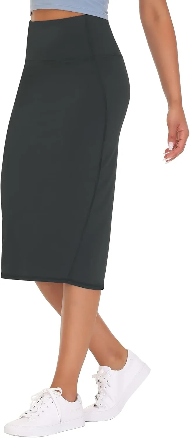 THE GYM PEOPLE Women's High Waist Tummy Control Pencil Skirts Stretchy Bodycon Midi Skirt Below Knee with Back Slit