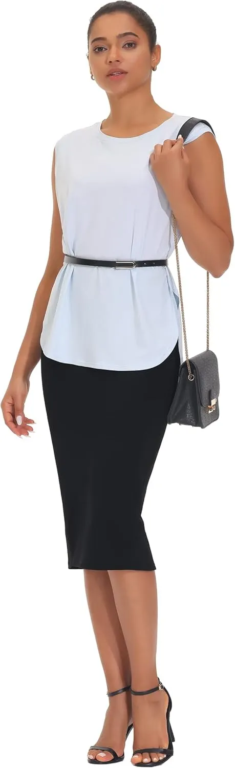 THE GYM PEOPLE Women's High Waist Tummy Control Pencil Skirts Stretchy Bodycon Midi Skirt Below Knee with Back Slit