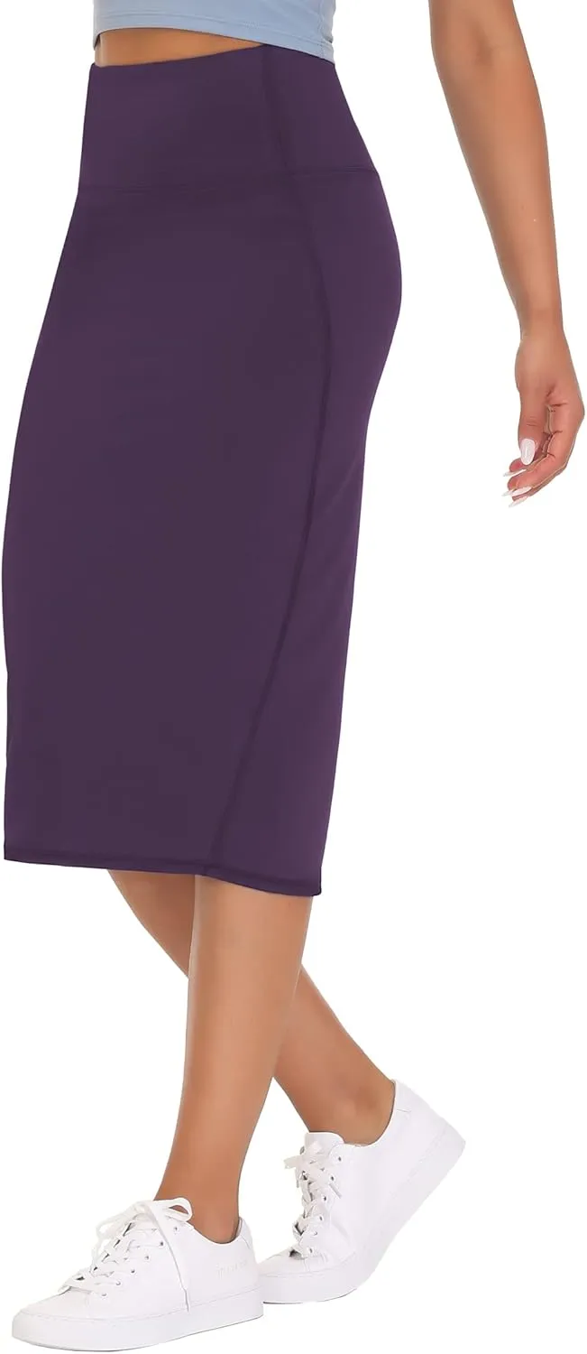 THE GYM PEOPLE Women's High Waist Tummy Control Pencil Skirts Stretchy Bodycon Midi Skirt Below Knee with Back Slit