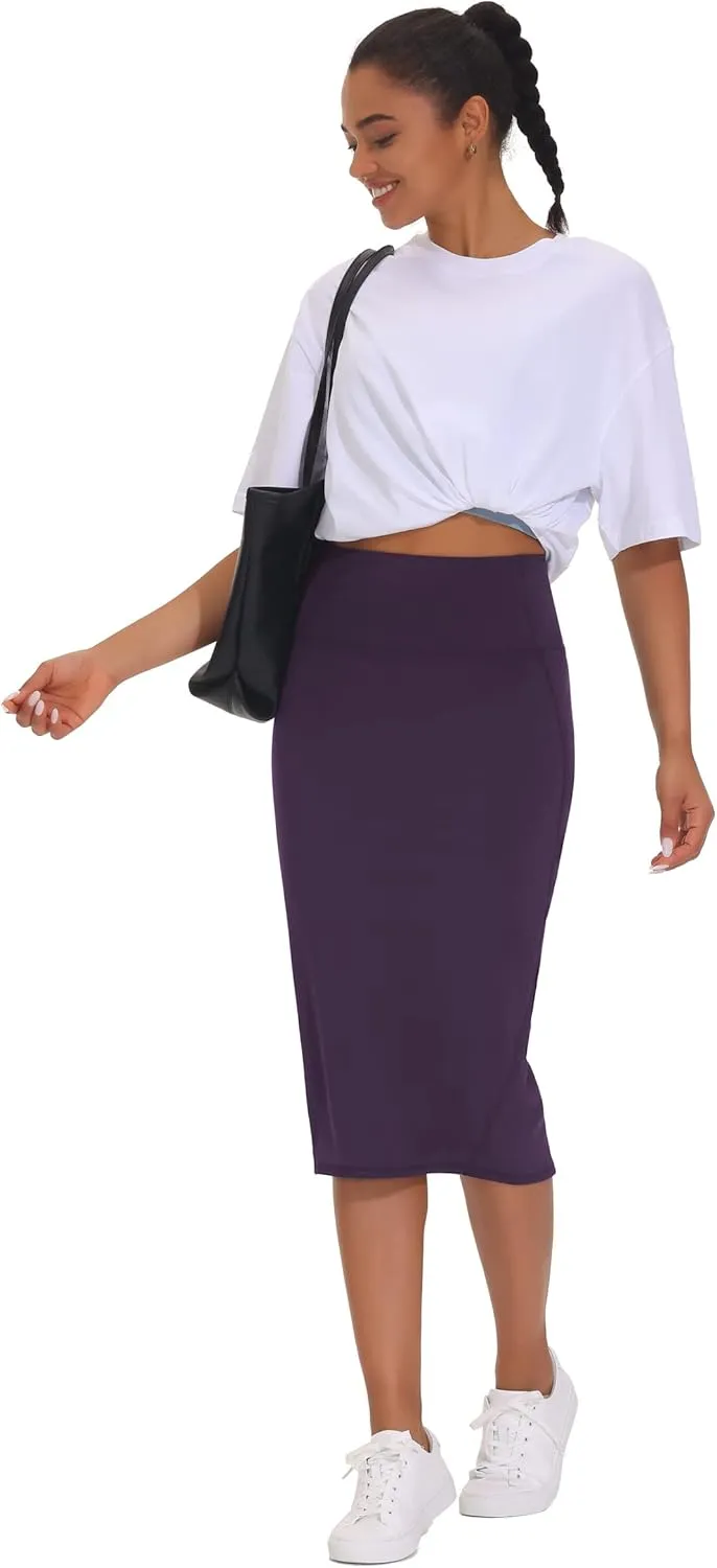 THE GYM PEOPLE Women's High Waist Tummy Control Pencil Skirts Stretchy Bodycon Midi Skirt Below Knee with Back Slit