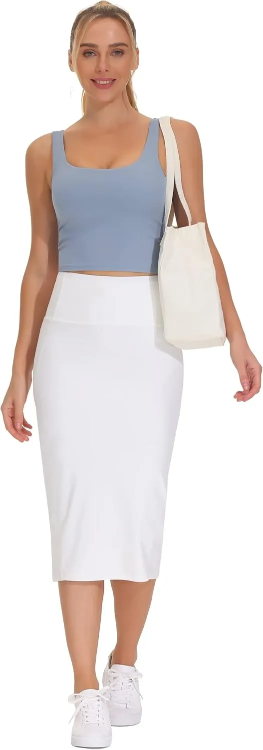 THE GYM PEOPLE Women's High Waist Tummy Control Pencil Skirts Stretchy Bodycon Midi Skirt Below Knee with Back Slit