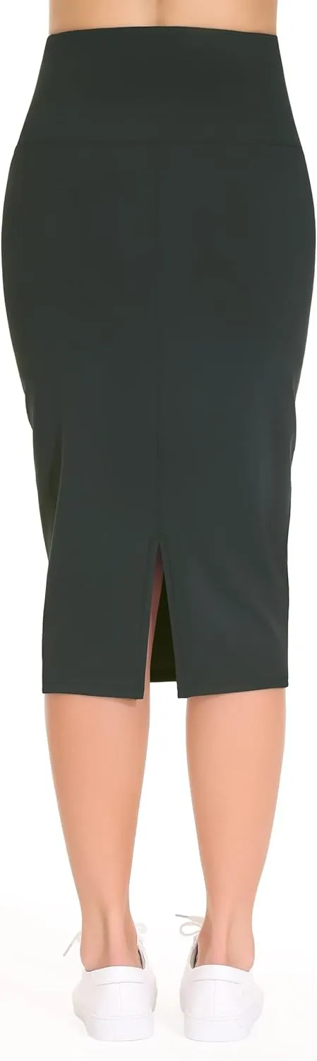 THE GYM PEOPLE Women's High Waist Tummy Control Pencil Skirts Stretchy Bodycon Midi Skirt Below Knee with Back Slit