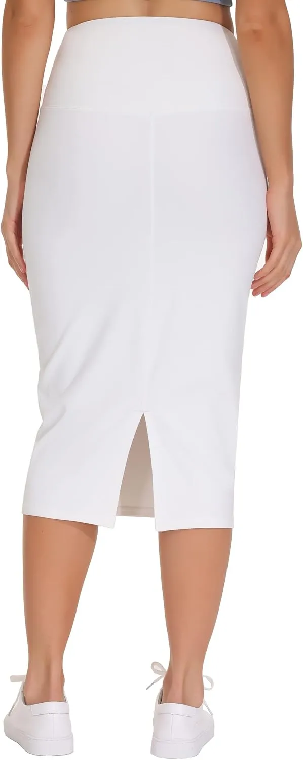 THE GYM PEOPLE Women's High Waist Tummy Control Pencil Skirts Stretchy Bodycon Midi Skirt Below Knee with Back Slit