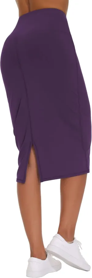THE GYM PEOPLE Women's High Waist Tummy Control Pencil Skirts Stretchy Bodycon Midi Skirt Below Knee with Back Slit