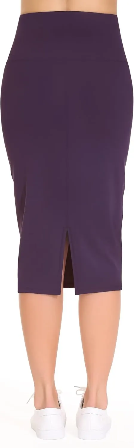 THE GYM PEOPLE Women's High Waist Tummy Control Pencil Skirts Stretchy Bodycon Midi Skirt Below Knee with Back Slit
