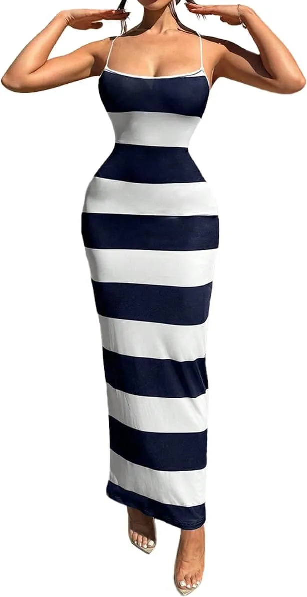TOPSRANI Womens Bodycon Slip Maxi Dress Striped Color Block Backless Sleeveless Casual Sundress Sexy Slim Long Summer Dresses