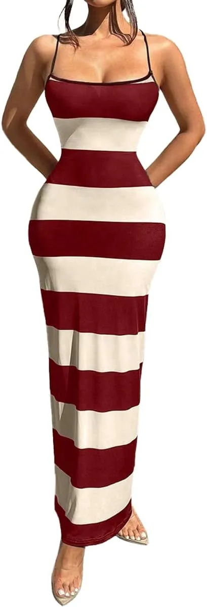 TOPSRANI Womens Bodycon Slip Maxi Dress Striped Color Block Backless Sleeveless Casual Sundress Sexy Slim Long Summer Dresses