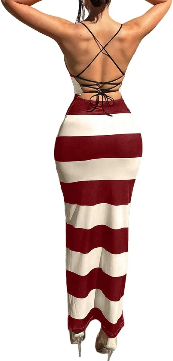 TOPSRANI Womens Bodycon Slip Maxi Dress Striped Color Block Backless Sleeveless Casual Sundress Sexy Slim Long Summer Dresses
