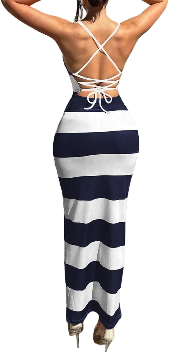 TOPSRANI Womens Bodycon Slip Maxi Dress Striped Color Block Backless Sleeveless Casual Sundress Sexy Slim Long Summer Dresses