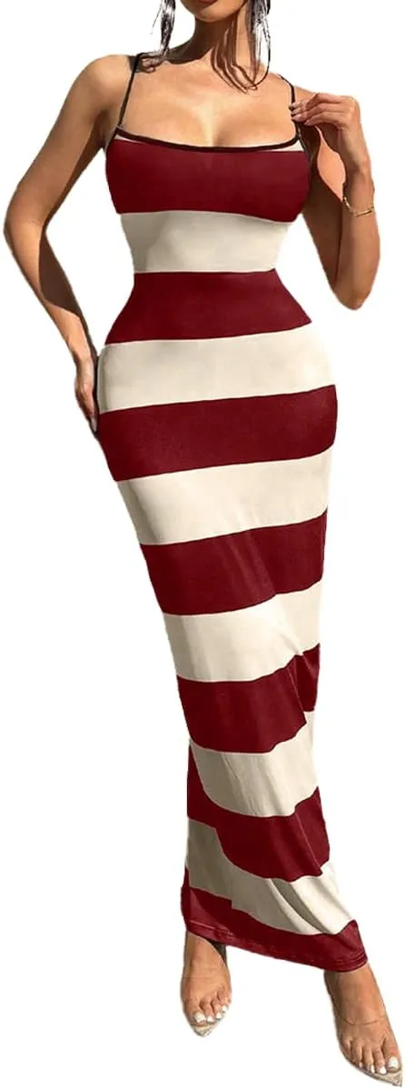 TOPSRANI Womens Bodycon Slip Maxi Dress Striped Color Block Backless Sleeveless Casual Sundress Sexy Slim Long Summer Dresses