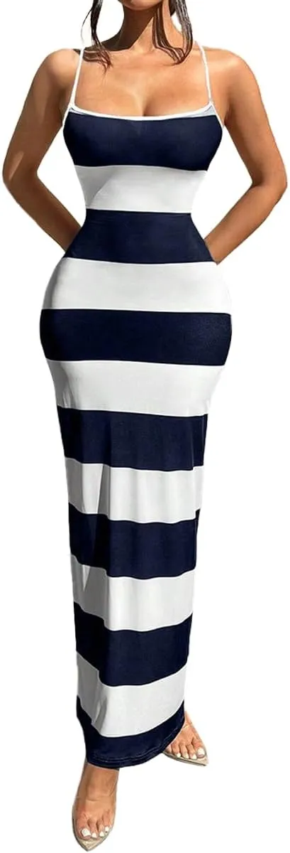 TOPSRANI Womens Bodycon Slip Maxi Dress Striped Color Block Backless Sleeveless Casual Sundress Sexy Slim Long Summer Dresses