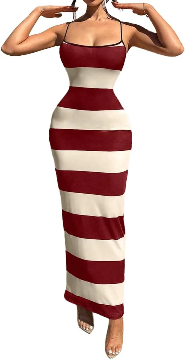 TOPSRANI Womens Bodycon Slip Maxi Dress Striped Color Block Backless Sleeveless Casual Sundress Sexy Slim Long Summer Dresses