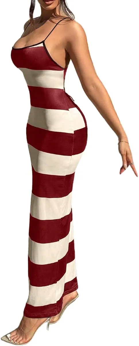 TOPSRANI Womens Bodycon Slip Maxi Dress Striped Color Block Backless Sleeveless Casual Sundress Sexy Slim Long Summer Dresses