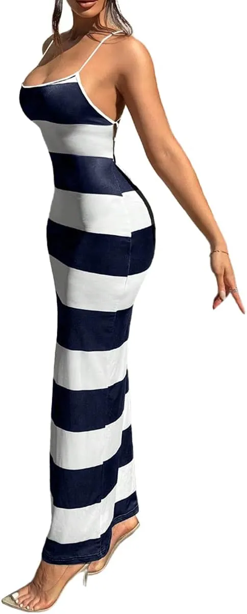 TOPSRANI Womens Bodycon Slip Maxi Dress Striped Color Block Backless Sleeveless Casual Sundress Sexy Slim Long Summer Dresses